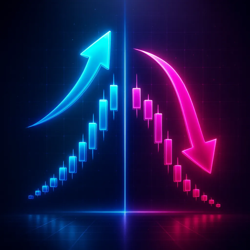 左が上昇（青）、右が下落（ピンク）の矢印とローソクで方向を示すイラスト