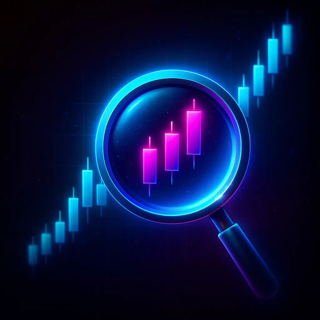 上昇トレンドの一部を虫眼鏡で拡大し、直前のローソクのみ色分けしたイラスト